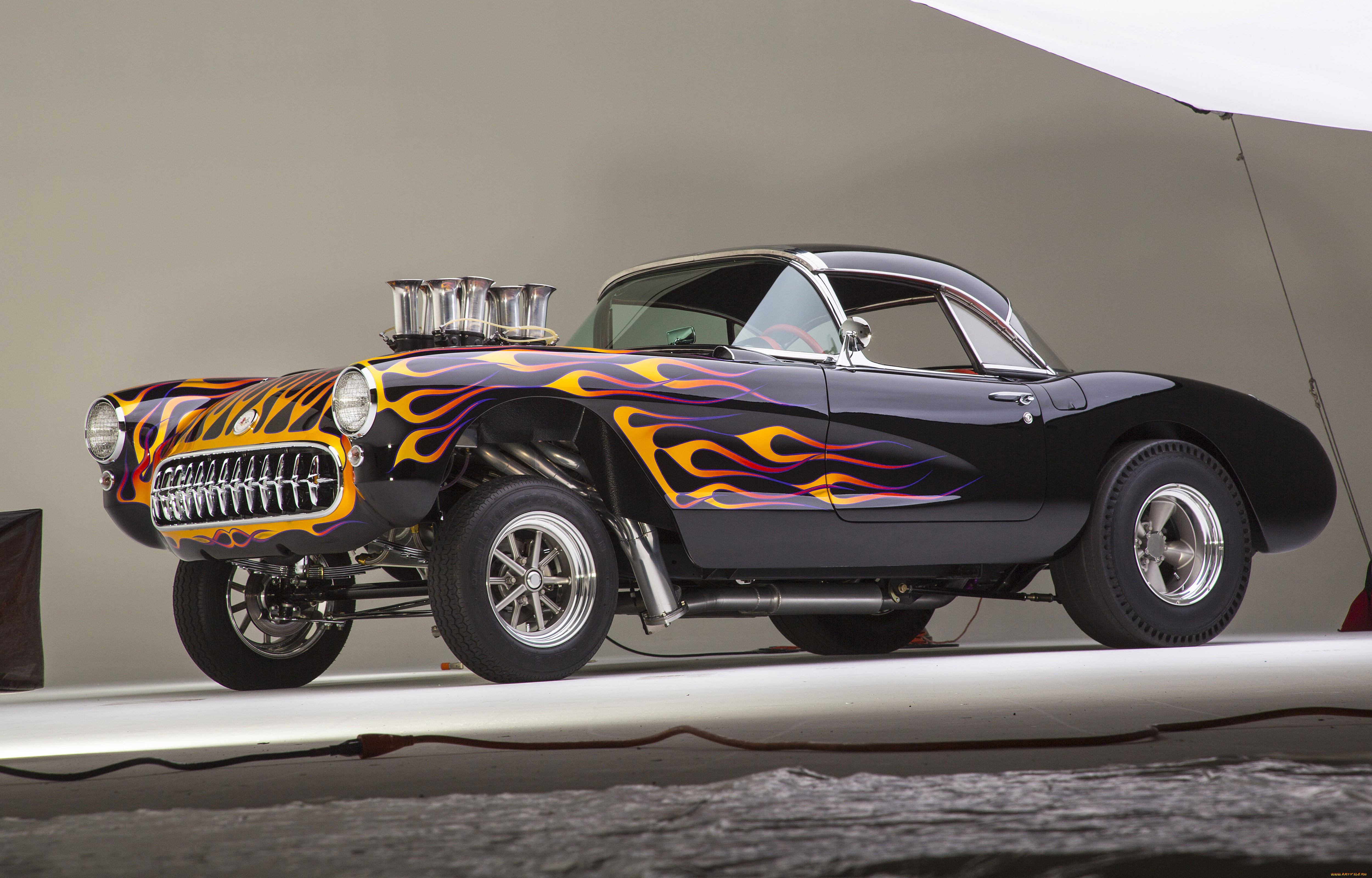 , hotrod, dragster, chevrolet, corvette, gasser, flamed, studio, photo